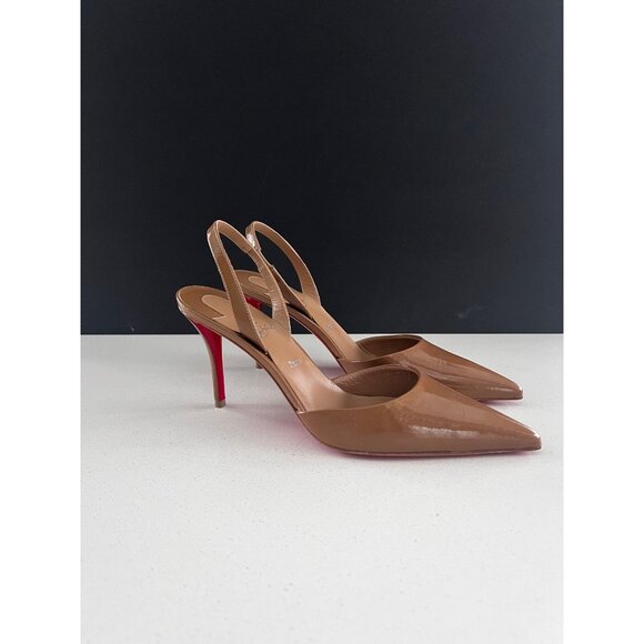 CHRISTIAN LOUBOUTIN Apostropha 80mm Slingback beige patent leather heels sz 37.5 - Picture 2 of 10